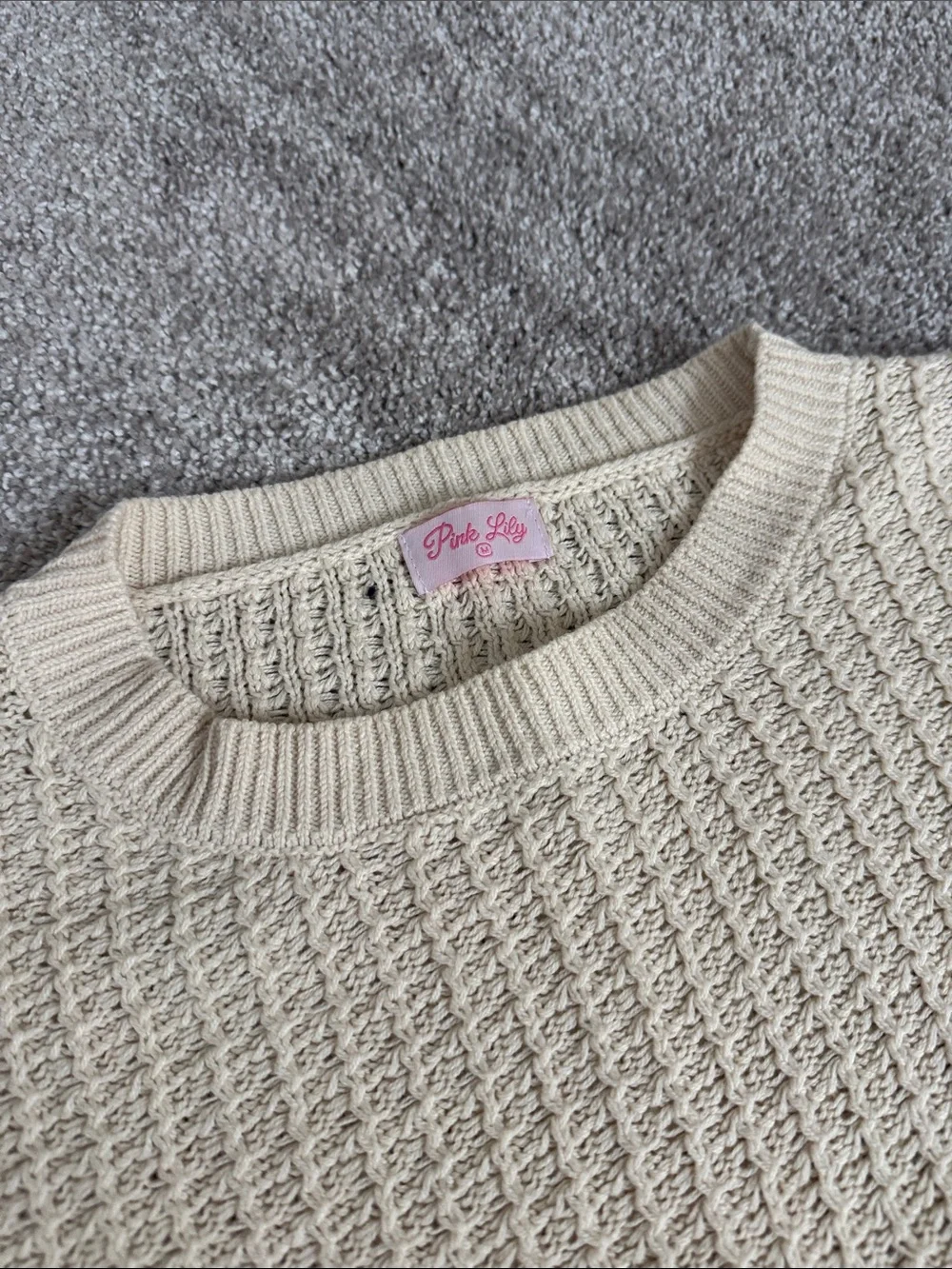 Pink Lily Cream Textured Crewneck Sweater
